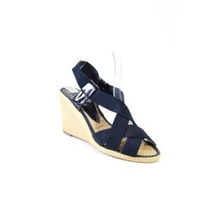 VC Signature Womens Leather Elastic Strappy Espadrille Wedges Blue Tan Size 7